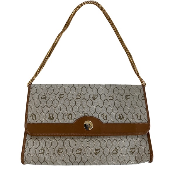 CHRISTIAN DIOR Vintage Honeycomb Canvas Shoulder Bag with Chain Beige - Picture 1 of 16
